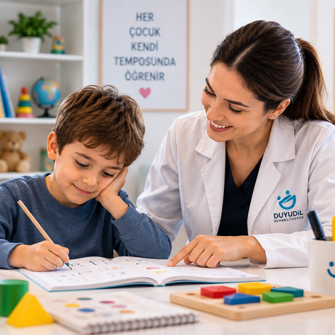 Çobançeşme'de okul başarısını etkileyen gelişimsel güçlüklerin uzman tarafından değerlendirildiği ve çocuğun akademik becerilerinin desteklendiği eğitim ortamı.