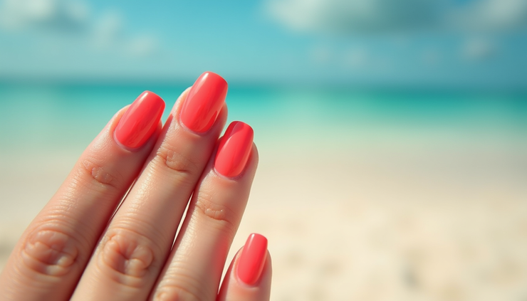 Close-up view of bright coral nail polish on summer-themed nails