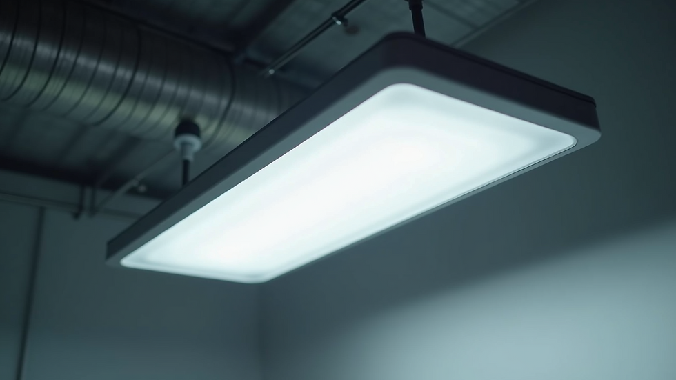 Close-up view of LED commercial lighting fixture installed on ceiling