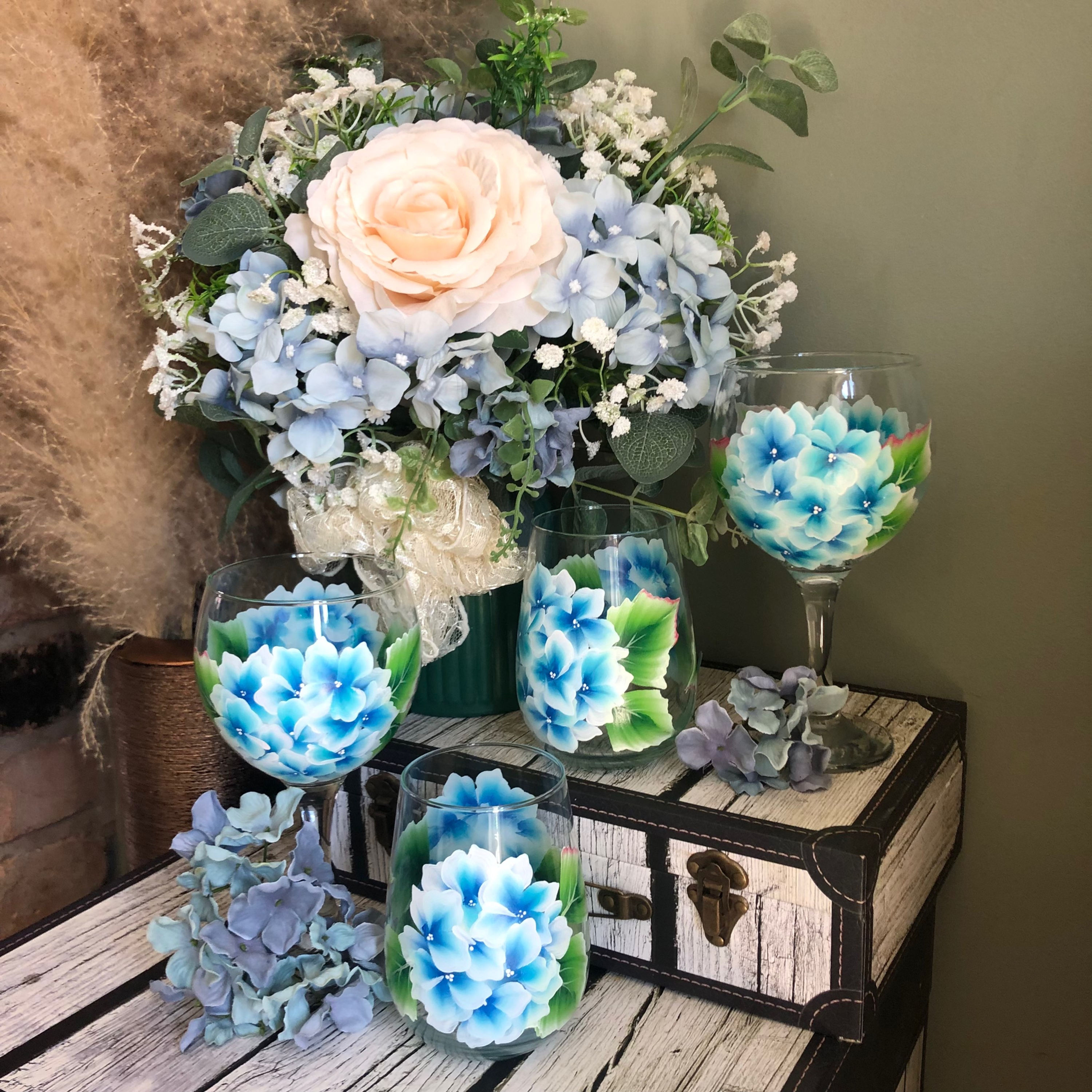 Hand Painted Floral Glasses- Blue Hydrangea-Gin/Tumbler