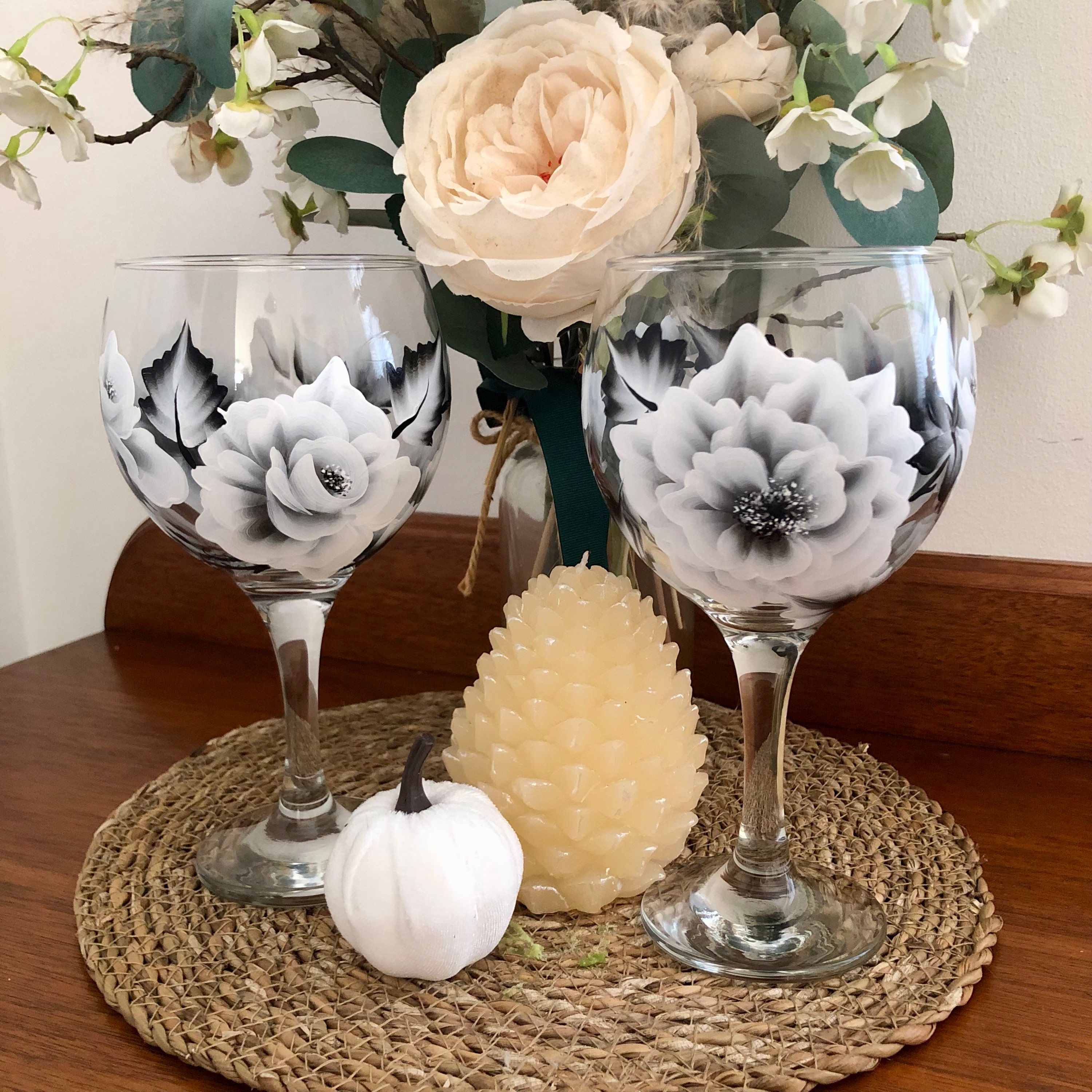Hand Painted Floral Glasses - The Silver Rose - Gin/Wine/Tumbler/Hi-ball