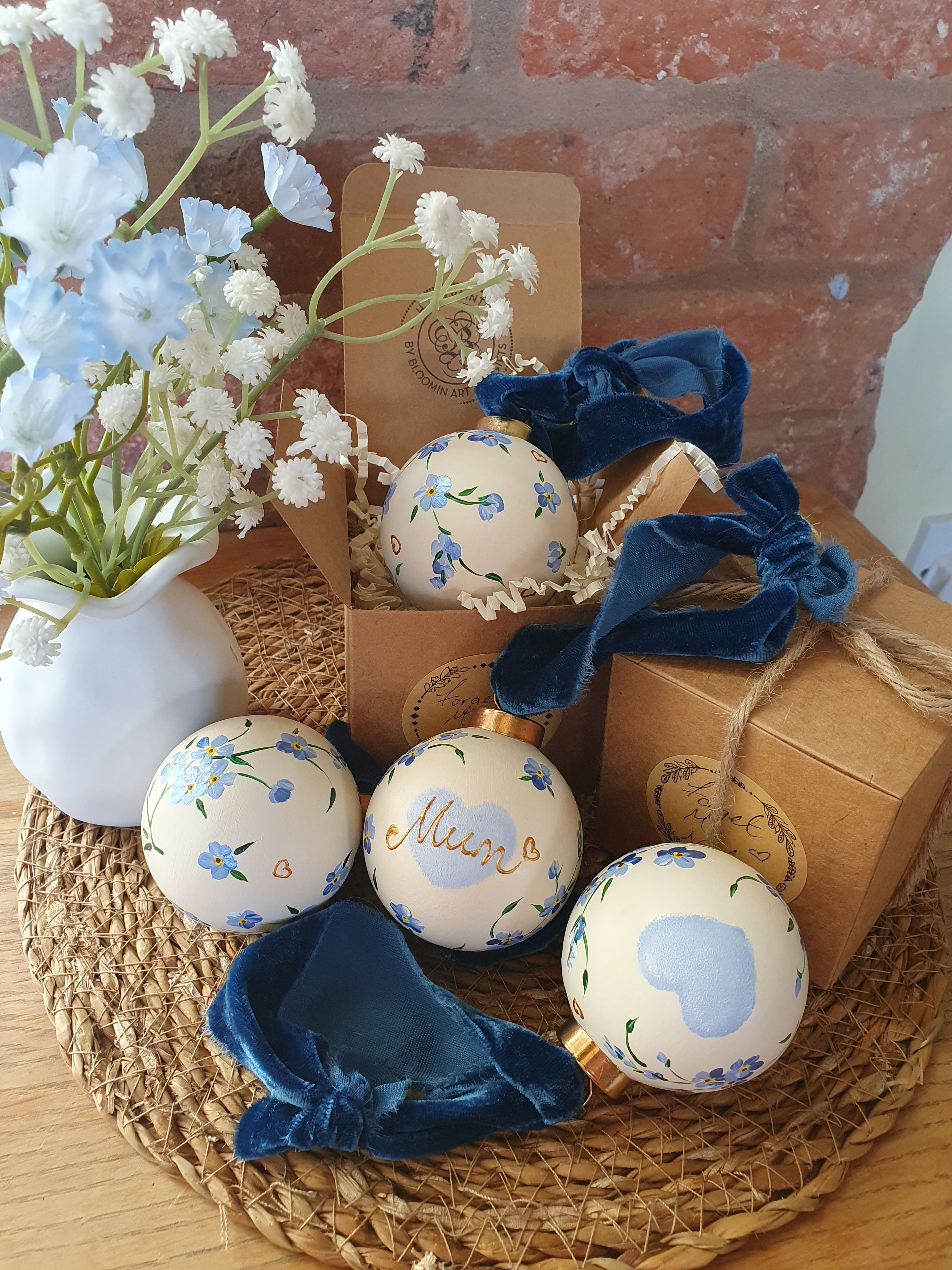 Hand Painted Keepsake Baubles - Forget-Me-Not - Mum