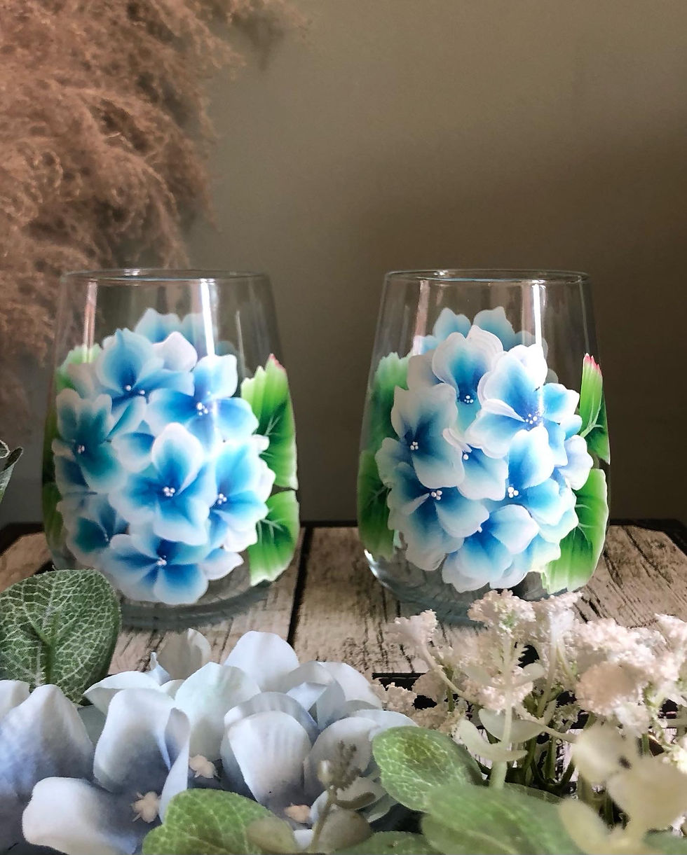 Thumbnail: Hand Painted Floral Glasses- Blue Hydrangea-Gin/Tumbler 