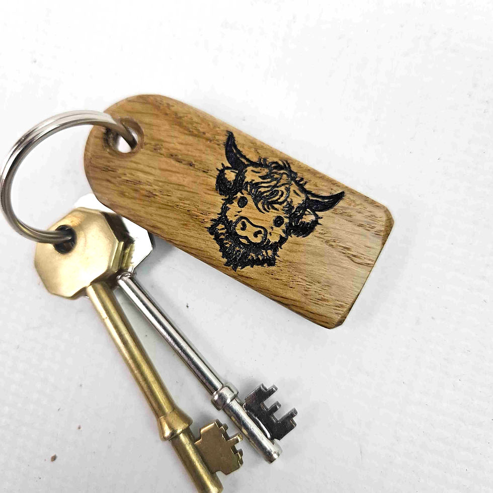 Thumbnail: oak Highland Cow Calf design key ring.