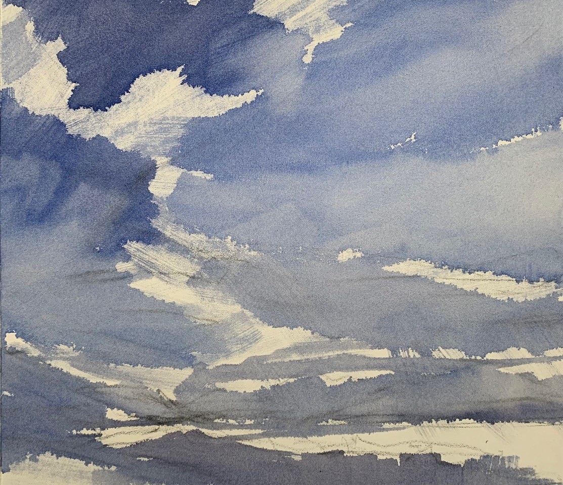 A violet blue watercolour underpainting of a cloudy sky, establishing the value masses before any pastel is laid over it