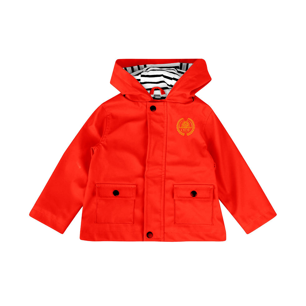 An image of red waterproof jacket with gold emblem product shot