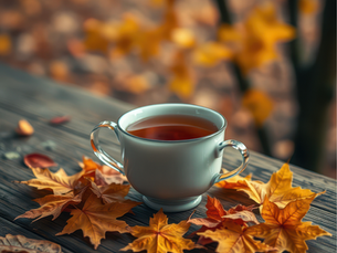 cup of tea surrounded by fall leaves on a wood table