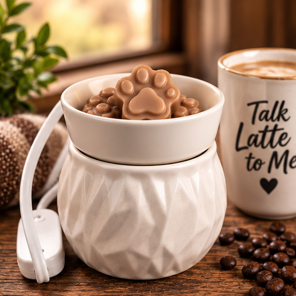 Talk Latte to Me paw-shaped wax melts in a white electric wax warmer with a coffee mug and roasted coffee beans.