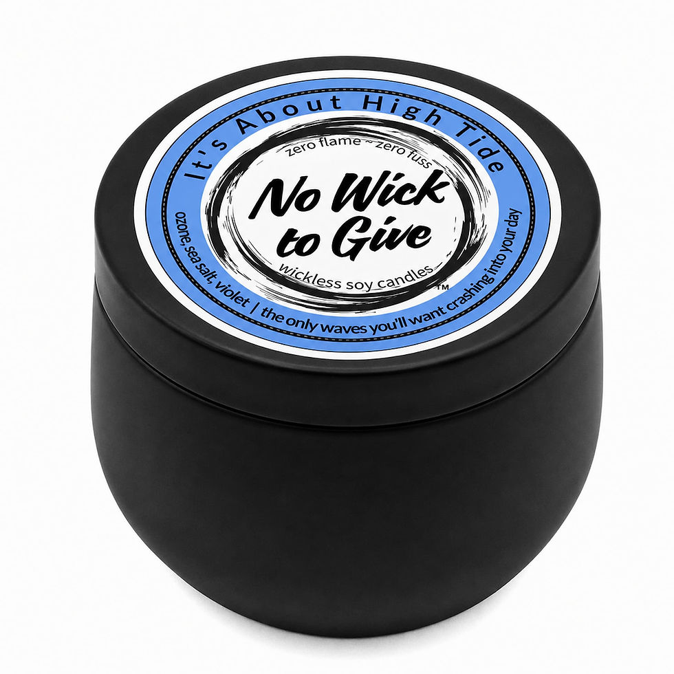 It’s About High Tide wickless soy candle by No Wick to Give in a black tin with blue ocean-inspired label.