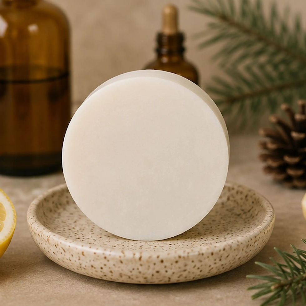Unwrapped Sunny Brews Morning Wood goat’s milk soap styled with evergreen branches and lemon.