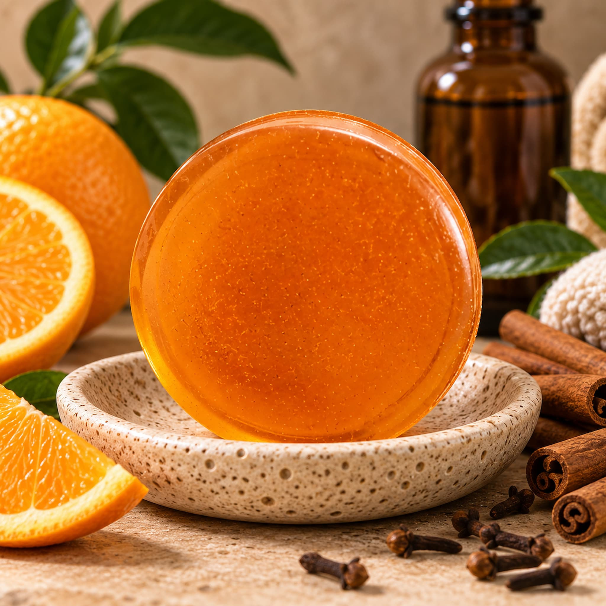 Sunny Brews Apothecary honey orange spice turmeric soap unwrapped sitting upright on a soap dish with citrus, cinnamon and cl