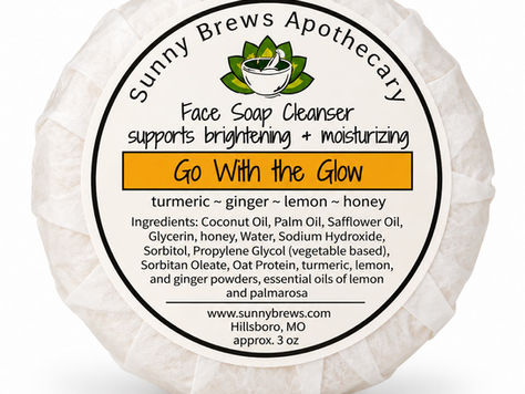 Go With the Glow face soap from Sunny Brews Apothecary displayed wrapped with label on a white background.