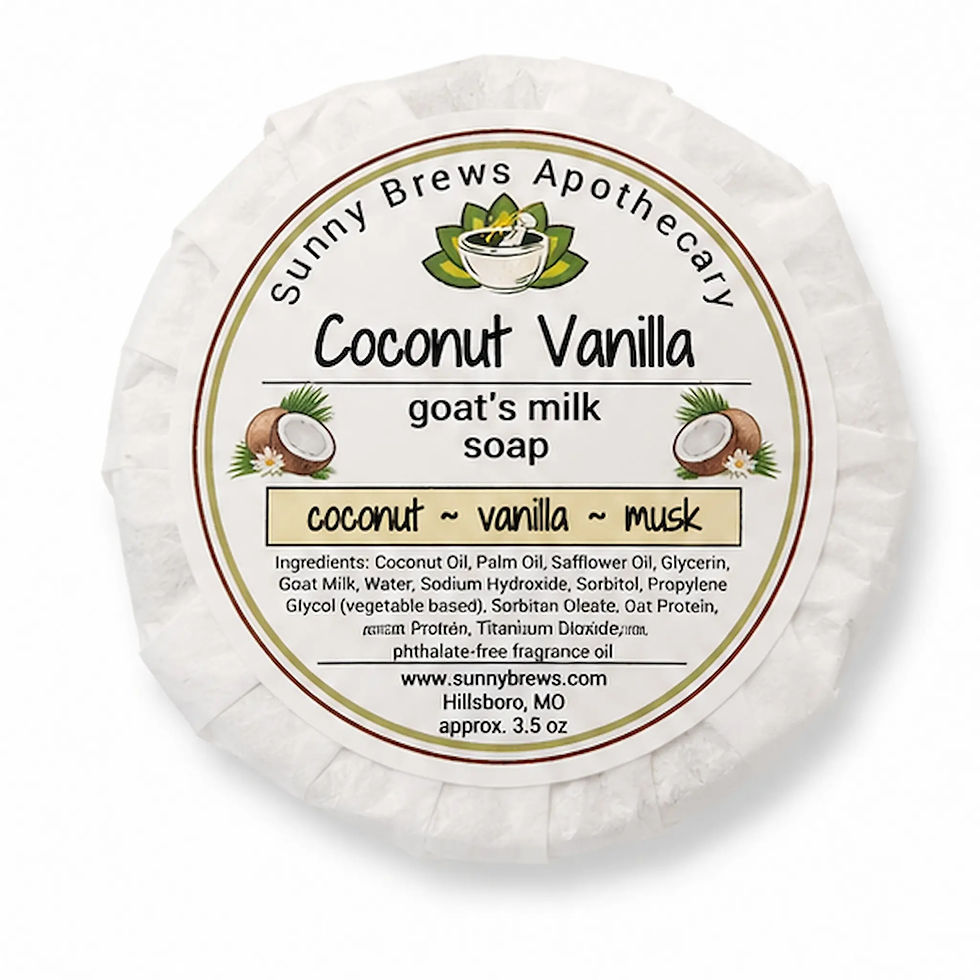 Sunny Brews Coconut Vanilla goat's milk soap in its labeled packaging on a clean white background.