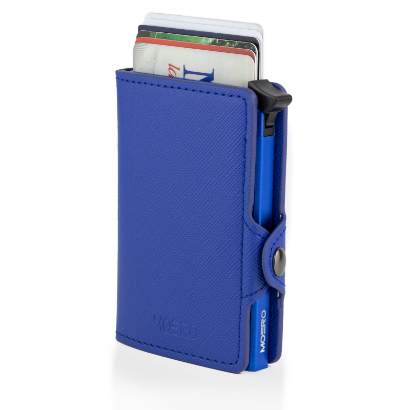 Miniatura: Moero Saffiano Blu con uscita scalare carte vista frontale