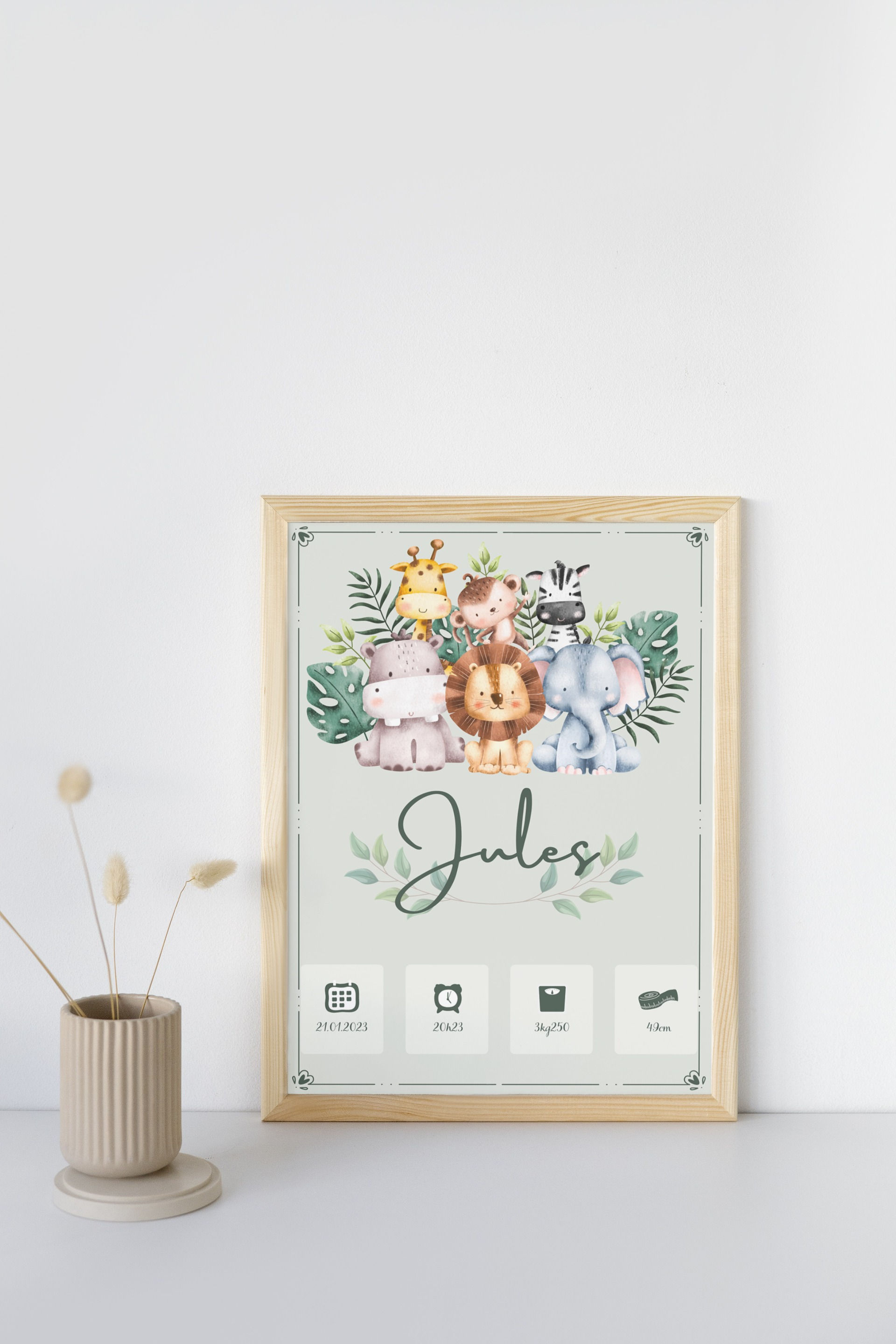 Affiche Décorative "Ma Naissance" - Animaux Jungle Garçon