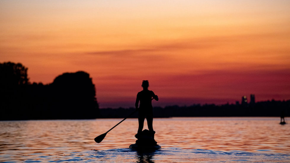 Silhouette paddleboarding into a sunset on Fraser River