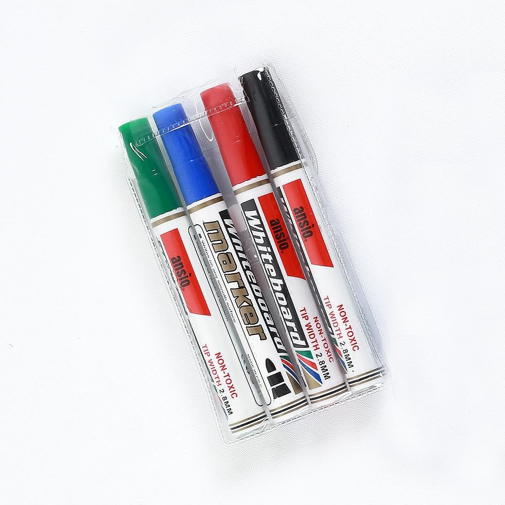 ANSIO Dry Wipe Whiteboard Marker Pen Set Fine Tipped Pens Colours (Pack of 4)