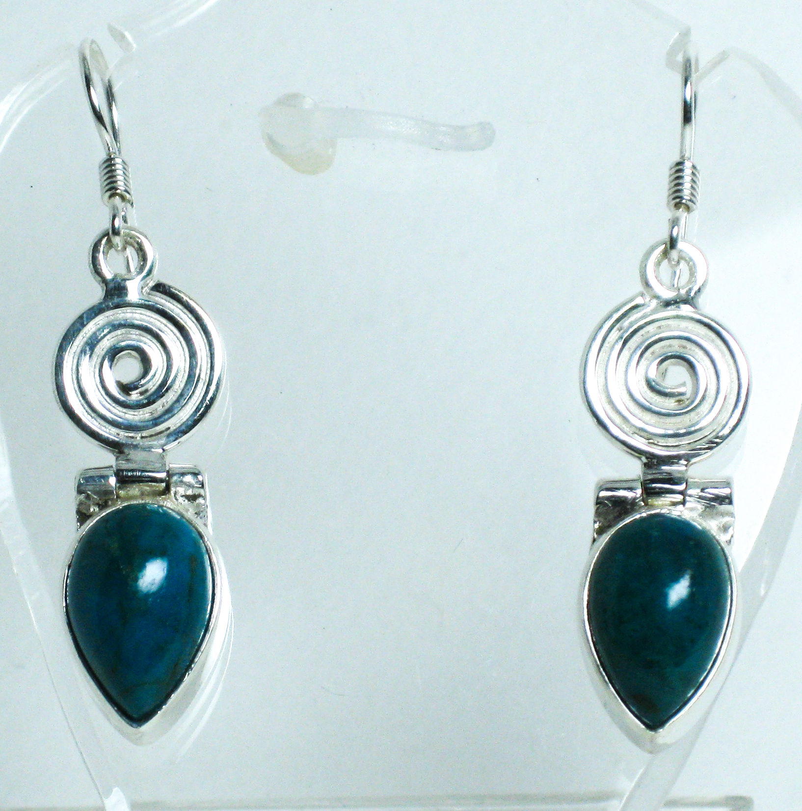 Sterling Silver Earrings Green-Blue (Azurite-Malachite) Tear Drop Set Stone