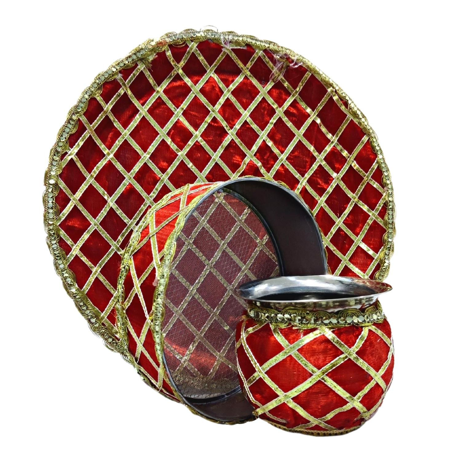 Divyakalaa Karwachauth Pooja Thaali Set in Red with Gota Patti Detailing