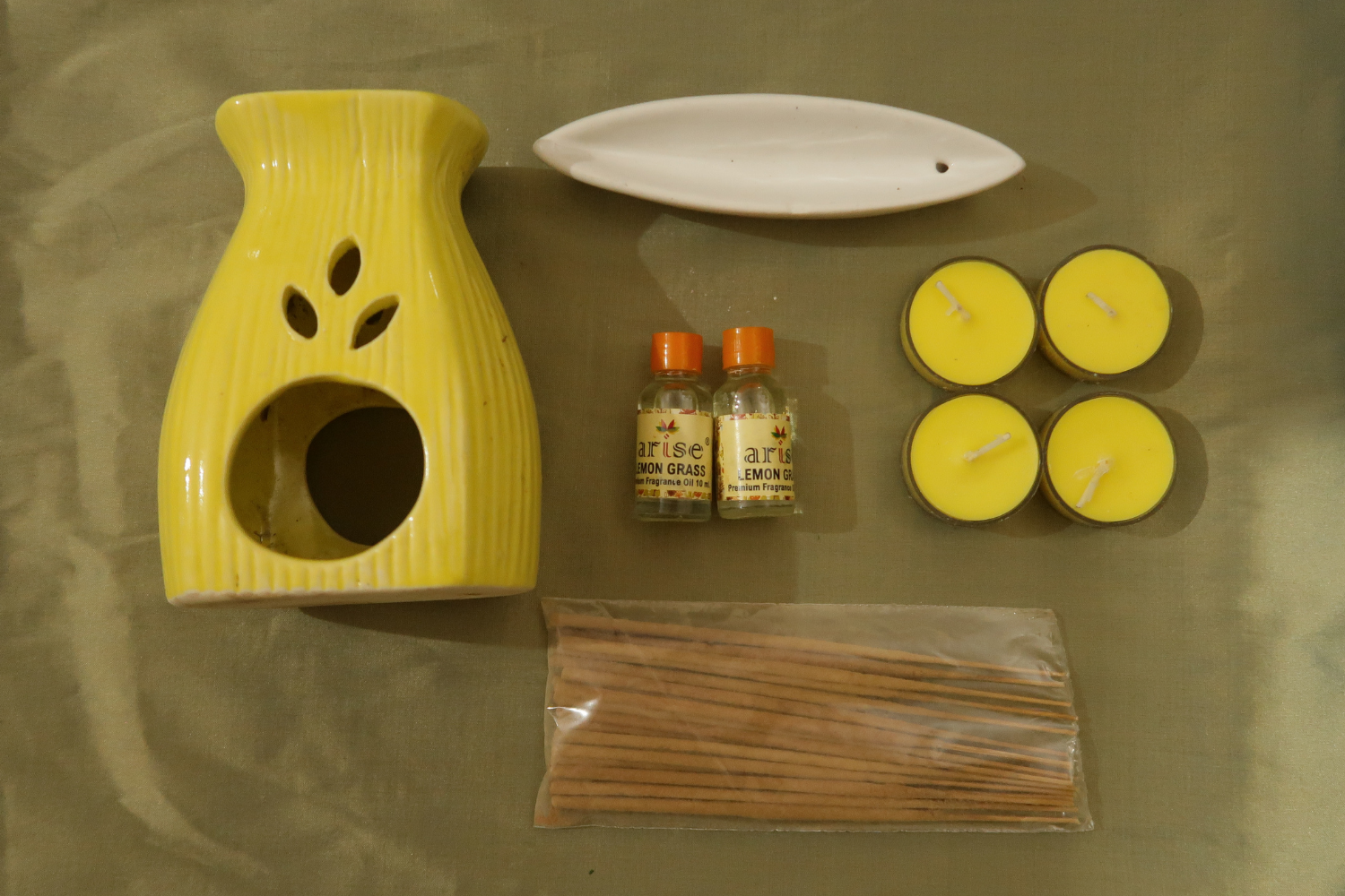 Lemongrass candle gift set - Tealight Holder, Aroma Oil, Incense stick holder