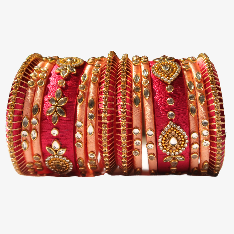 Thumbnail: Rosy Peach Fairytale - Silk thread bangle (Set of 10)