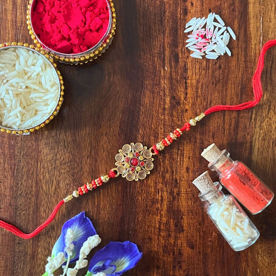 Handcrafted Red Antique Floral Rakhi, Roli Chawal, Greeting Card