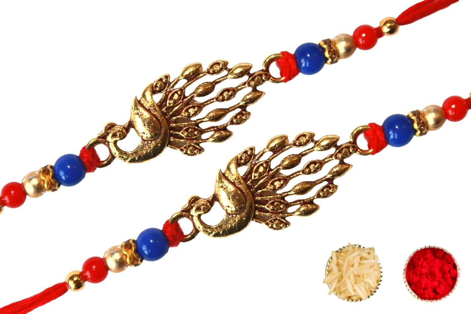 Divyakalaa Antique Peacock Rakhi, Roli Chawal, Greeting Card (Set of 2)