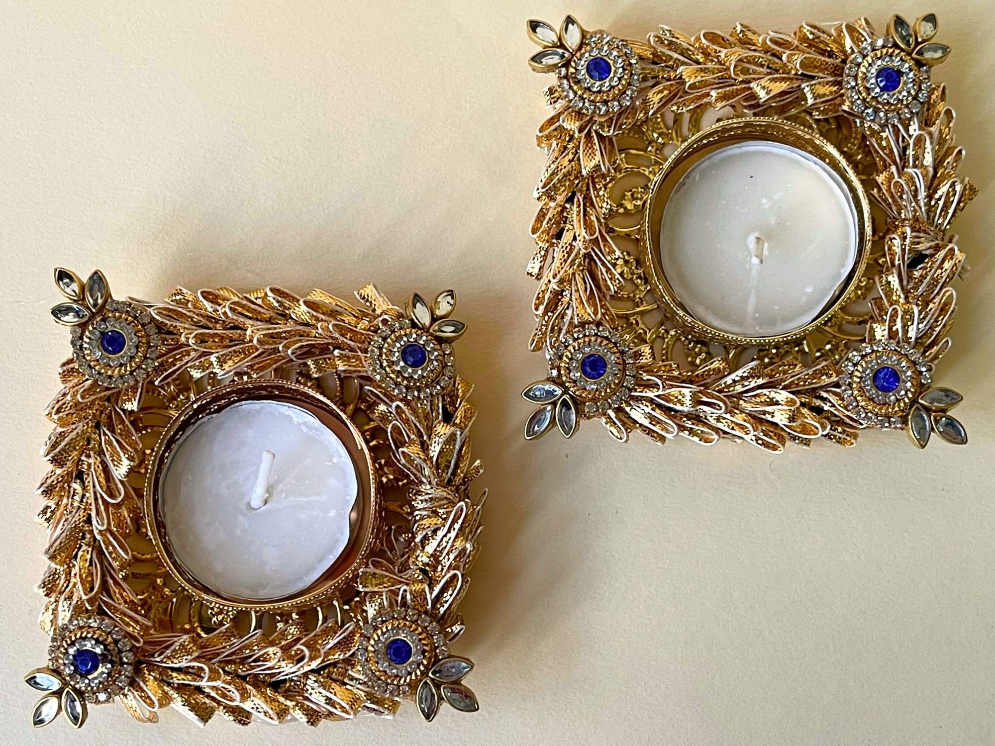 Handmade T-Light Candle Holder Golden with Blue Motifs - Set of 4