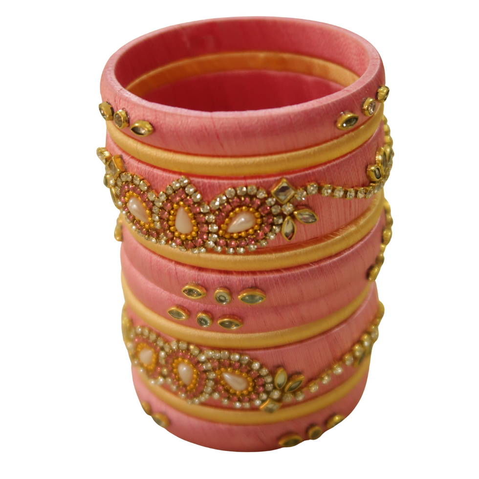 Thumbnail: Pastel Pink - Beige Heavy Kundan Silk Bangles (set of 10)