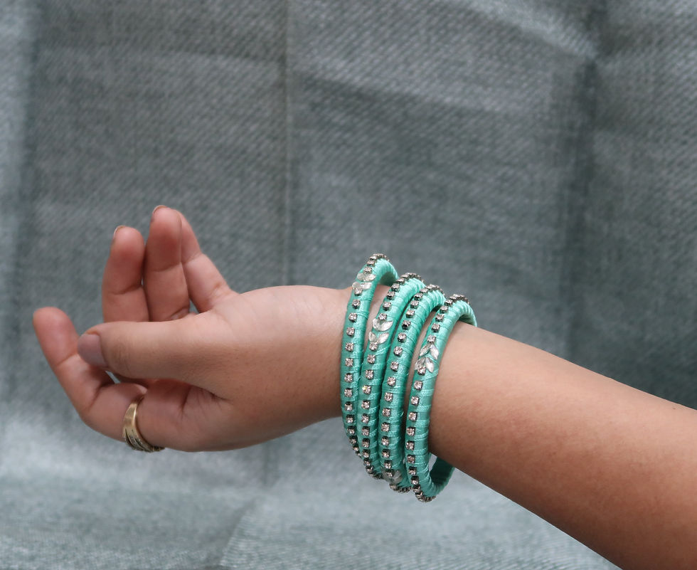 Thumbnail: Aquamarine Zircon Studded Silk Bangles (set of 4)