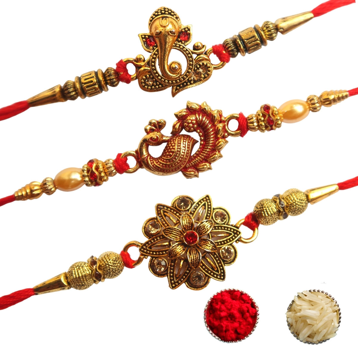 Antique Gold Finish Rakhi (Set of 3)