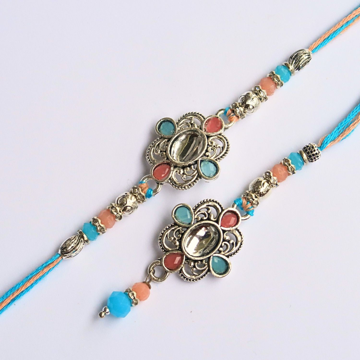 Silver Finish Rakhi and Lumba, Roli Chawal, Card