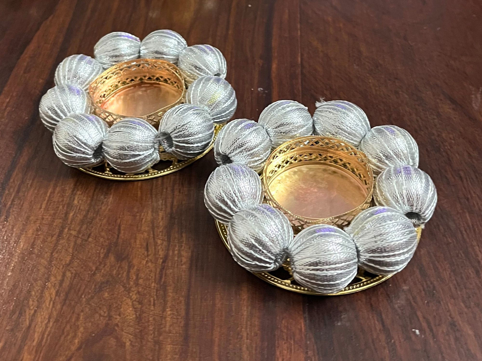 Silver Laddu Handmade Reusable T-Light Candle Holder - Set of 2
