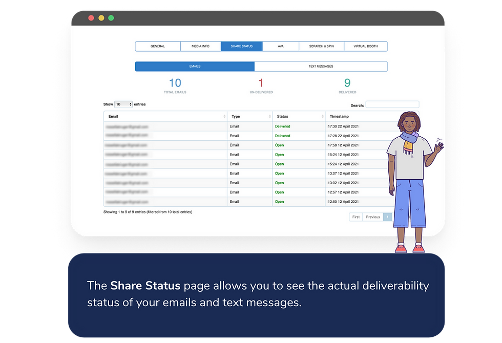 Photo booth report showing share status.