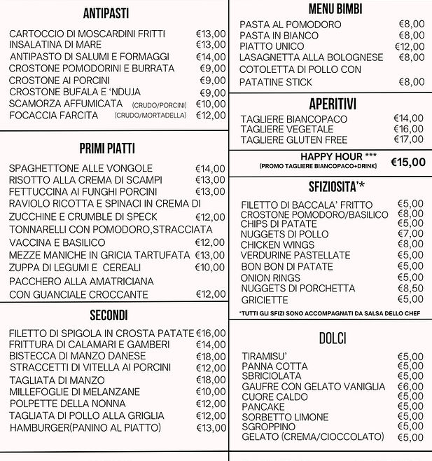 menu 2025 Biancopaco Family Bistrot Infernetto