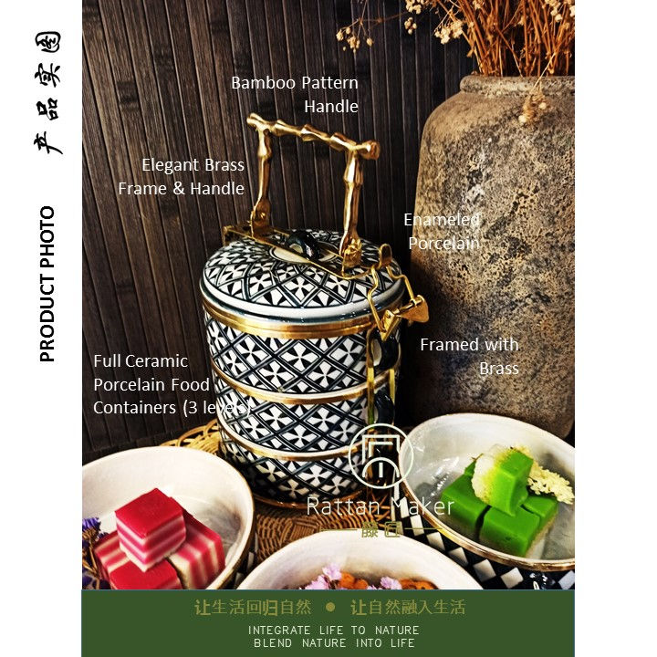 Thumbnail: [PT40] Mangkuk Tingkat Porselin / Porcelain Tiffin with Brass Handle /Lunch Box