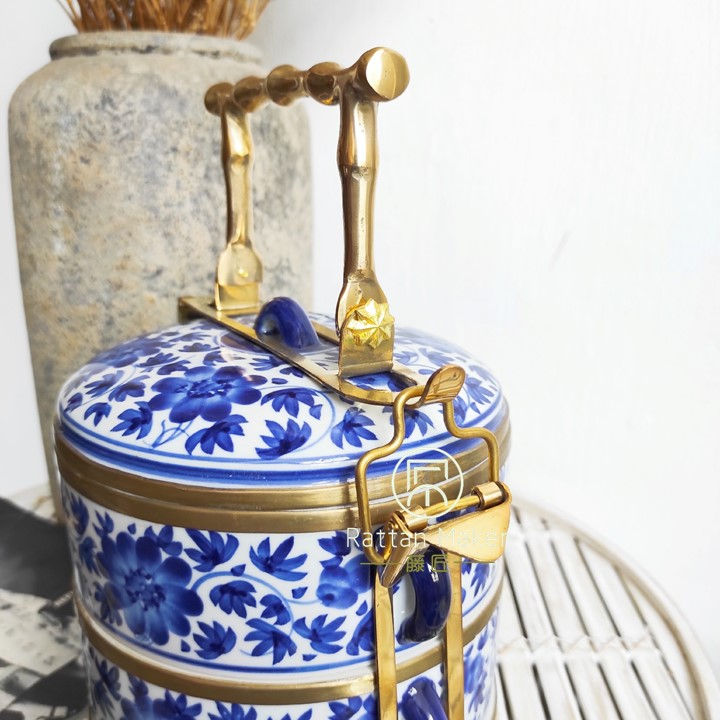 Thumbnail: [PT26] Mangkuk Tingkat Porselin / Porcelain Tiffin with Brass Handle /Lunch Box