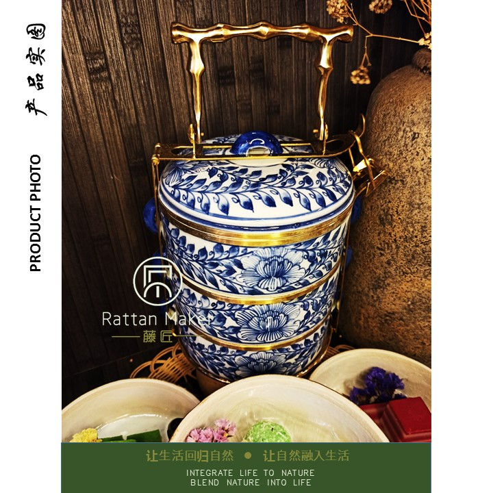 Thumbnail: [PT30] Mangkuk Tingkat Porselin / Porcelain Tiffin with Brass Handle /Lunch Box