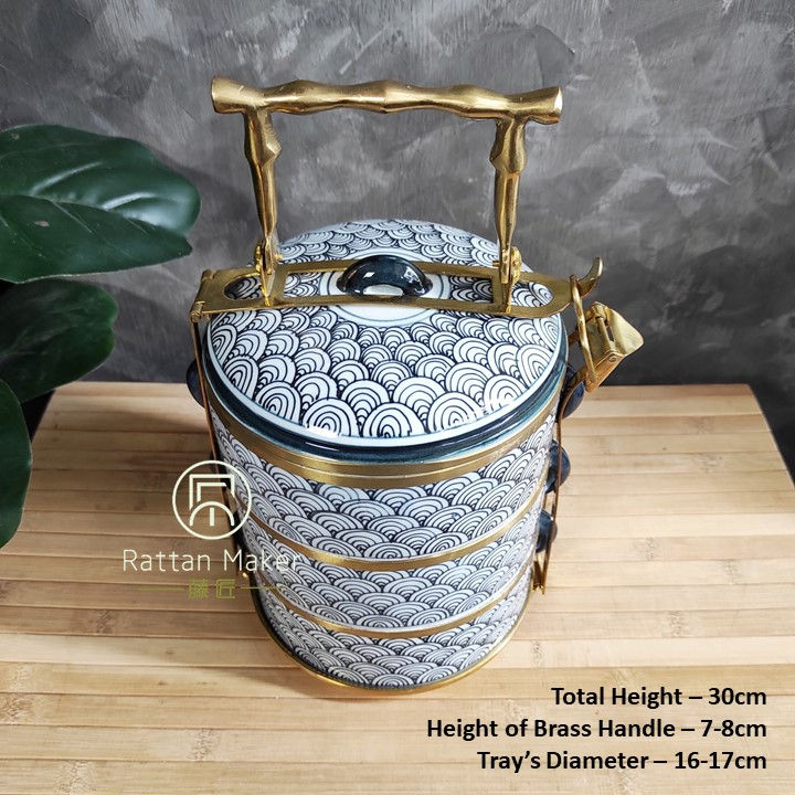 Thumbnail: [PT19] Mangkuk Tingkat Porselin / Porcelain Tiffin with Brass Handle /Lunch Box