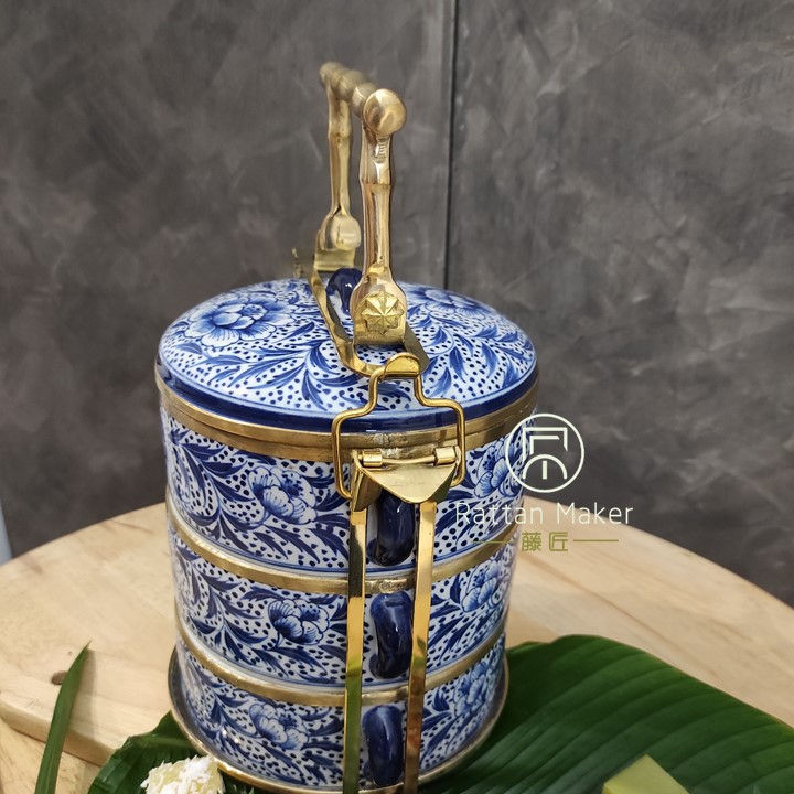 Thumbnail: [PT11] Mangkuk Tingkat Porselin / Porcelain Tiffin with Brass Handle /Lunch Box
