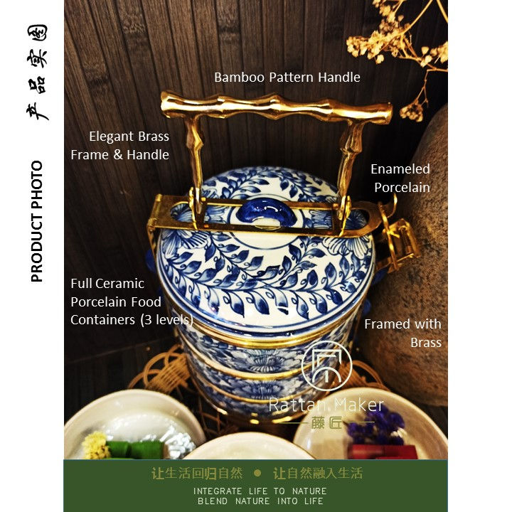 Thumbnail: [PT30] Mangkuk Tingkat Porselin / Porcelain Tiffin with Brass Handle /Lunch Box