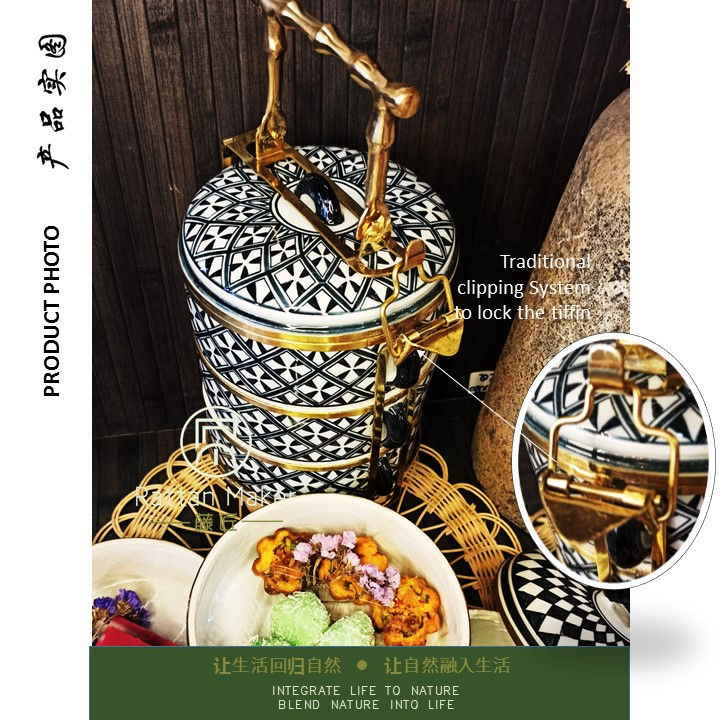Thumbnail: [PT40] Mangkuk Tingkat Porselin / Porcelain Tiffin with Brass Handle /Lunch Box