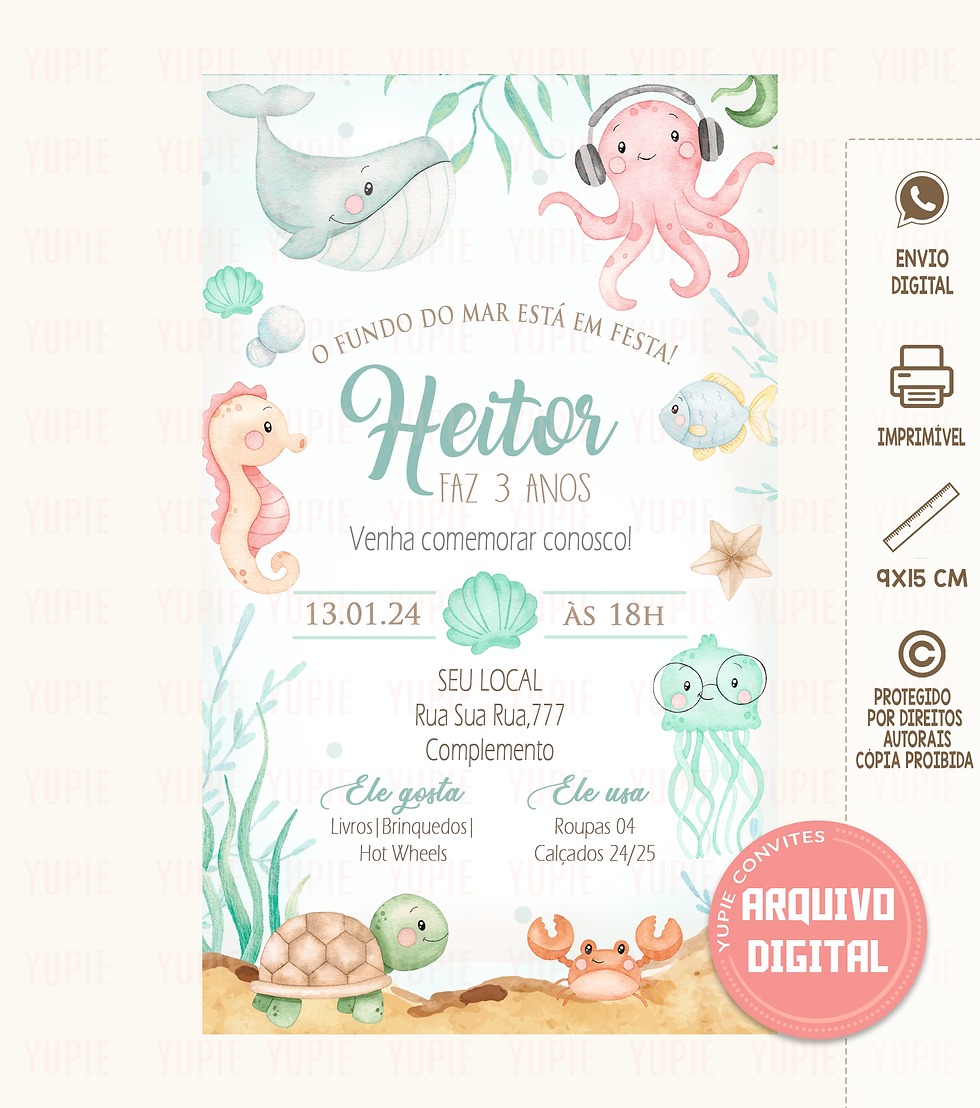 Convite Digital Fundo do Mar Aquarela Sugestão Presente