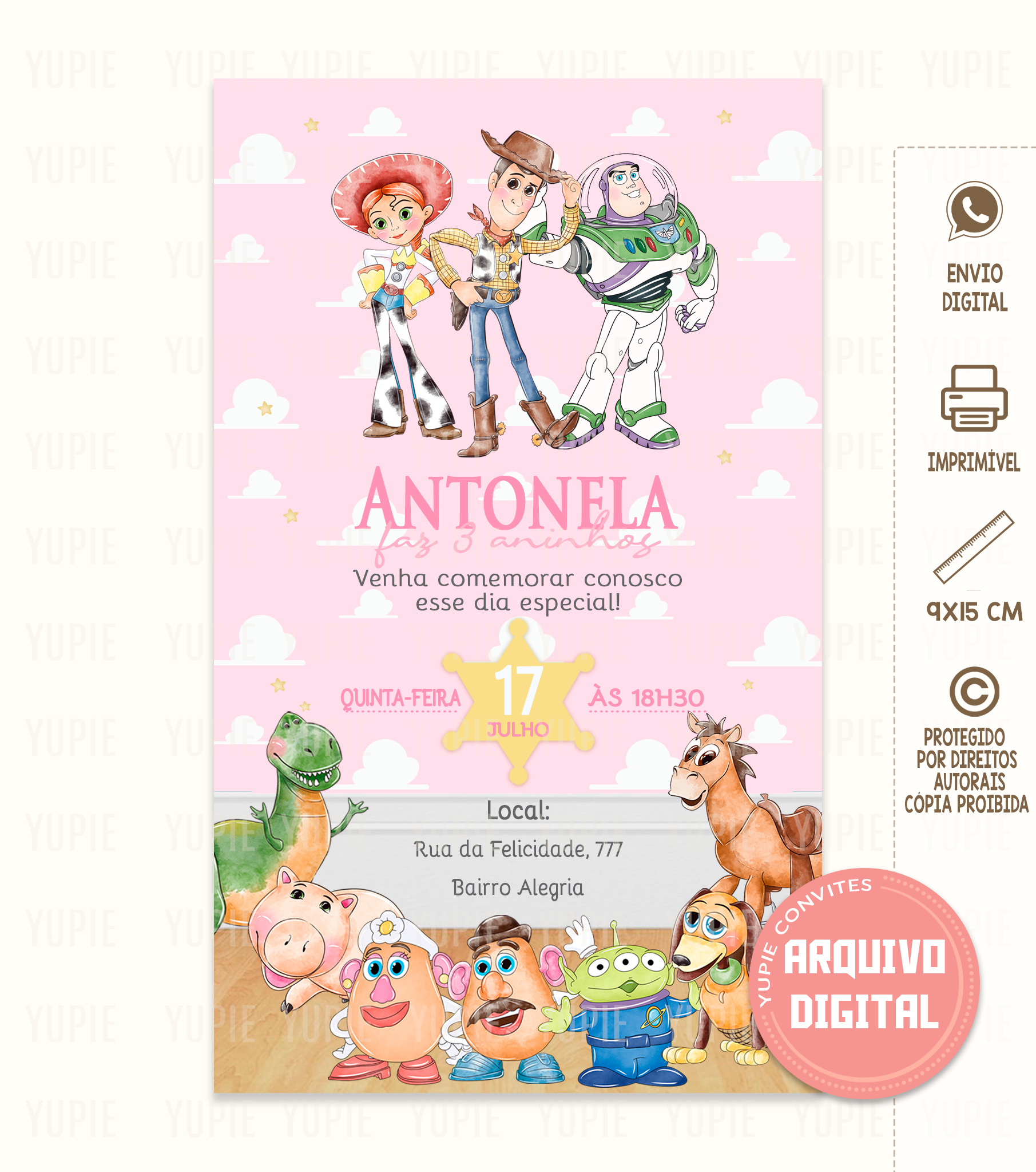 Convite Digital | Toy Story Aquarela Rosa