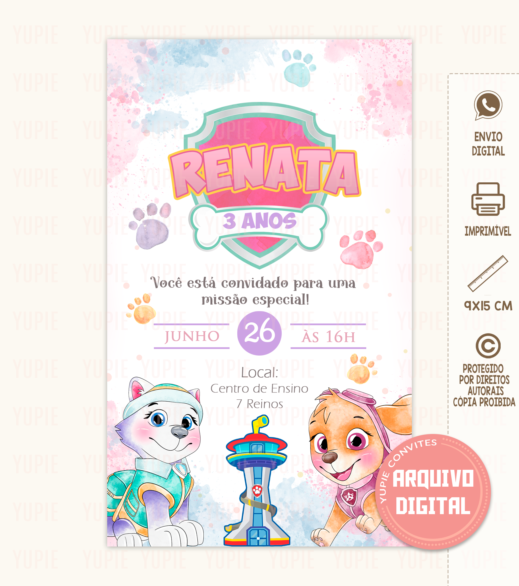 Convite Digital | Patrulha Canina Brasão Grande Rosa