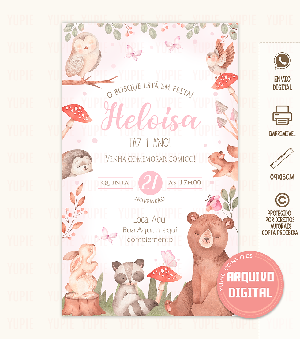 Convite Bosque Encantado Aquarela Menina 01 Digital