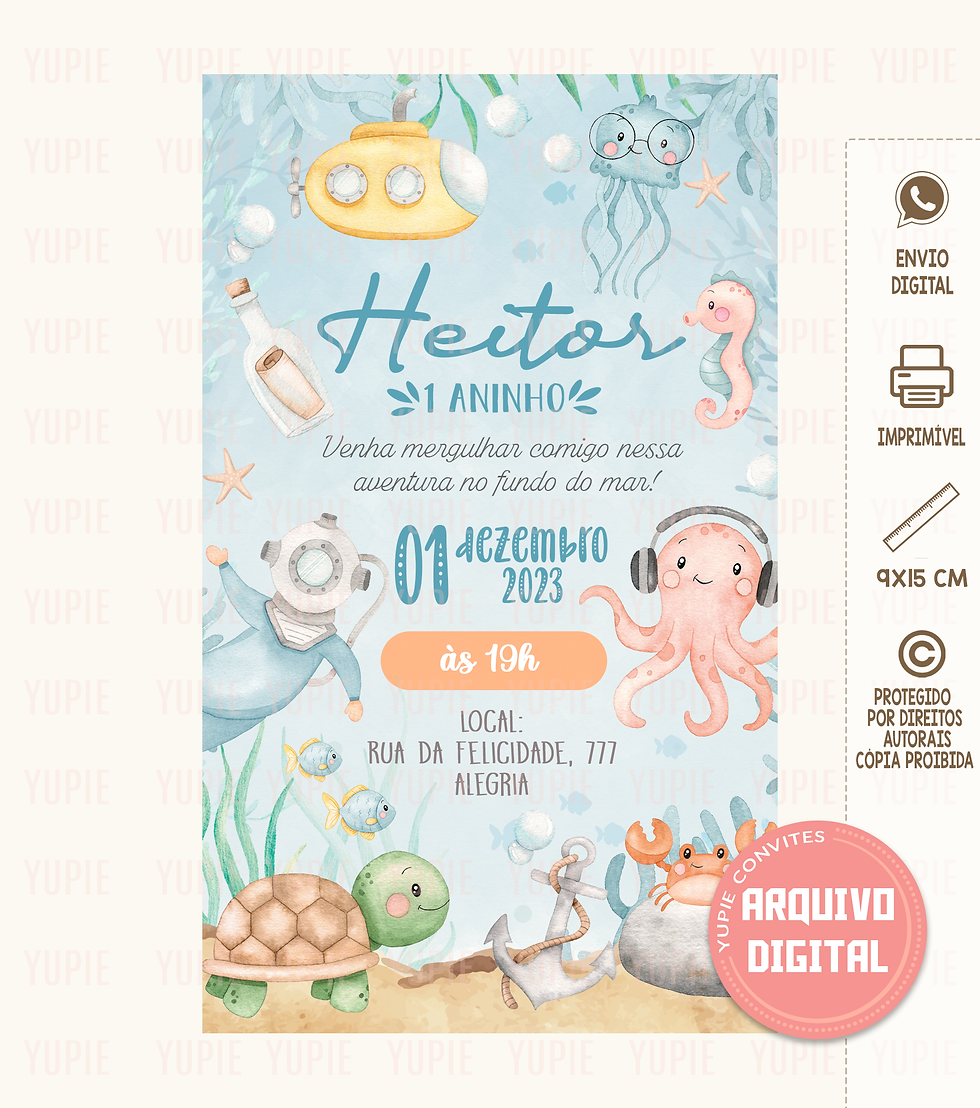 Convite Digital Fundo do Mar Aquarela Menino Mergulhador