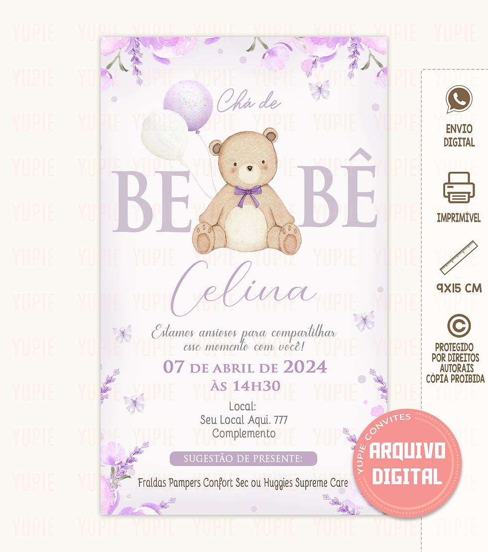 Convite Chá de Bebê Ursinha Lilás