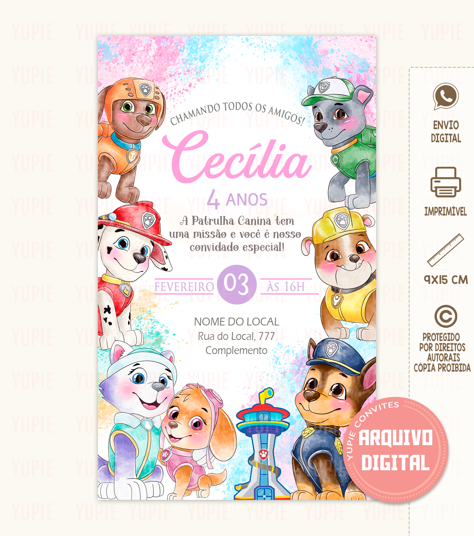 Convite Digital | Patrulha Canina Aquarela Rosa 01