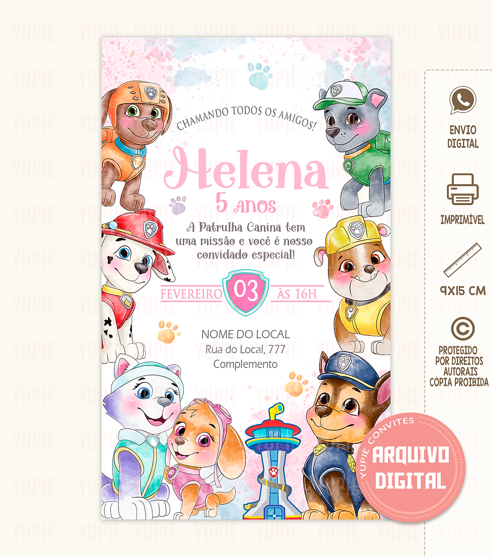 Convite Digital Patrulha Canina Brasão Pequeno Rosa